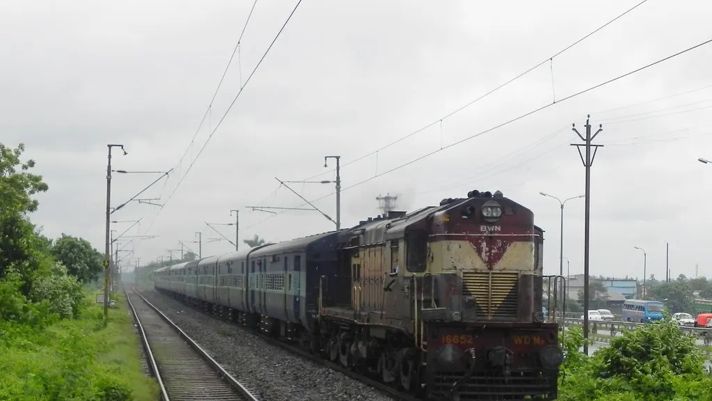 An Indian Railways diesel locomotive pulling a passenger train